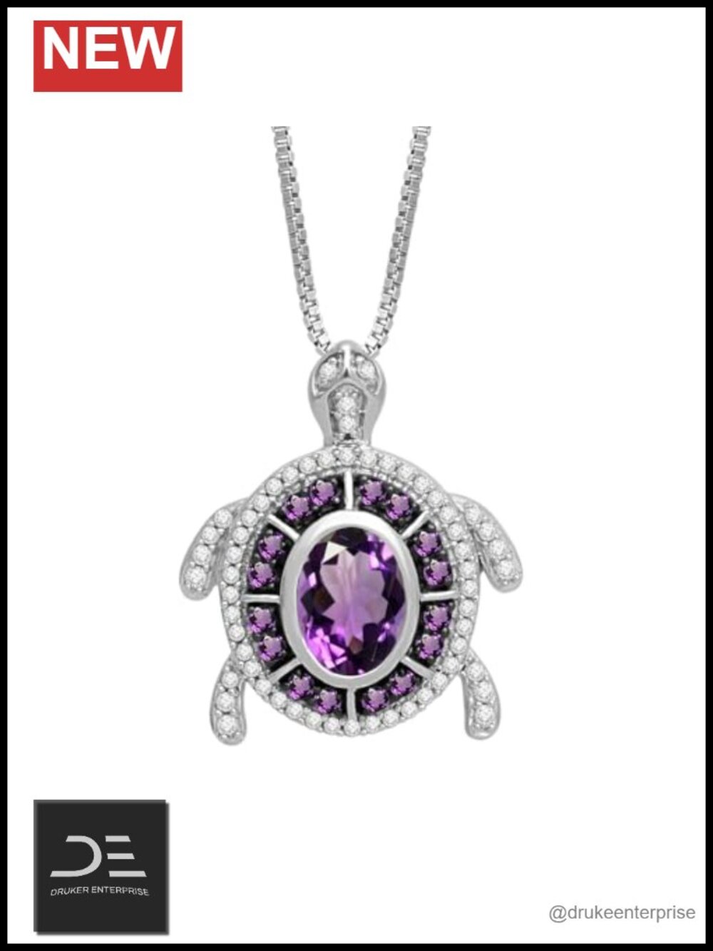 Sterling Silver Amethyst Turtle Pendant Necklace 18 Inch Chain
